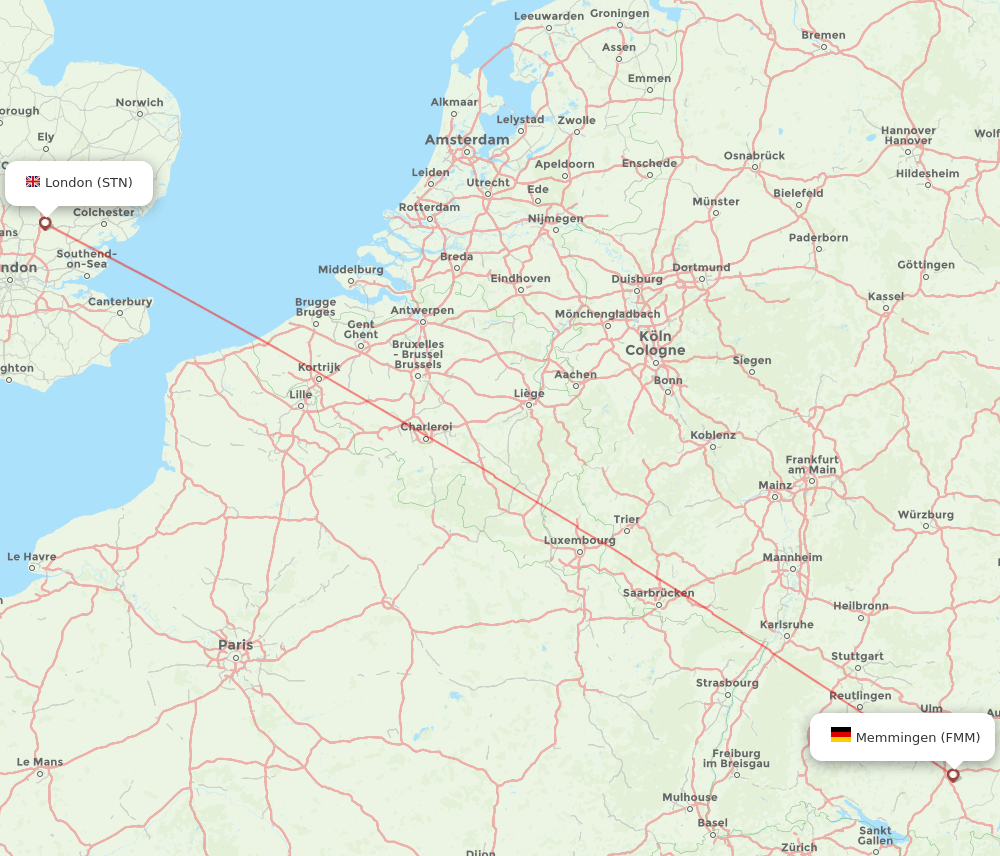 Memmingen - London route map and flight paths