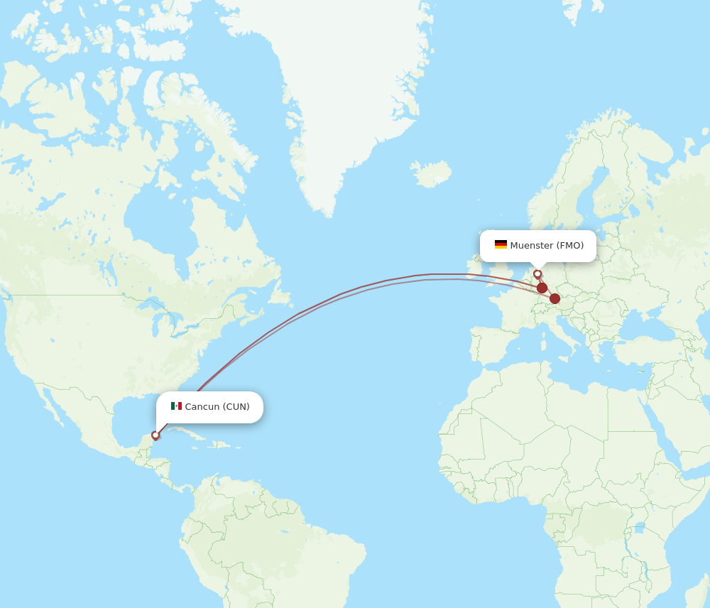 Muenster - Cancun route map and flight paths