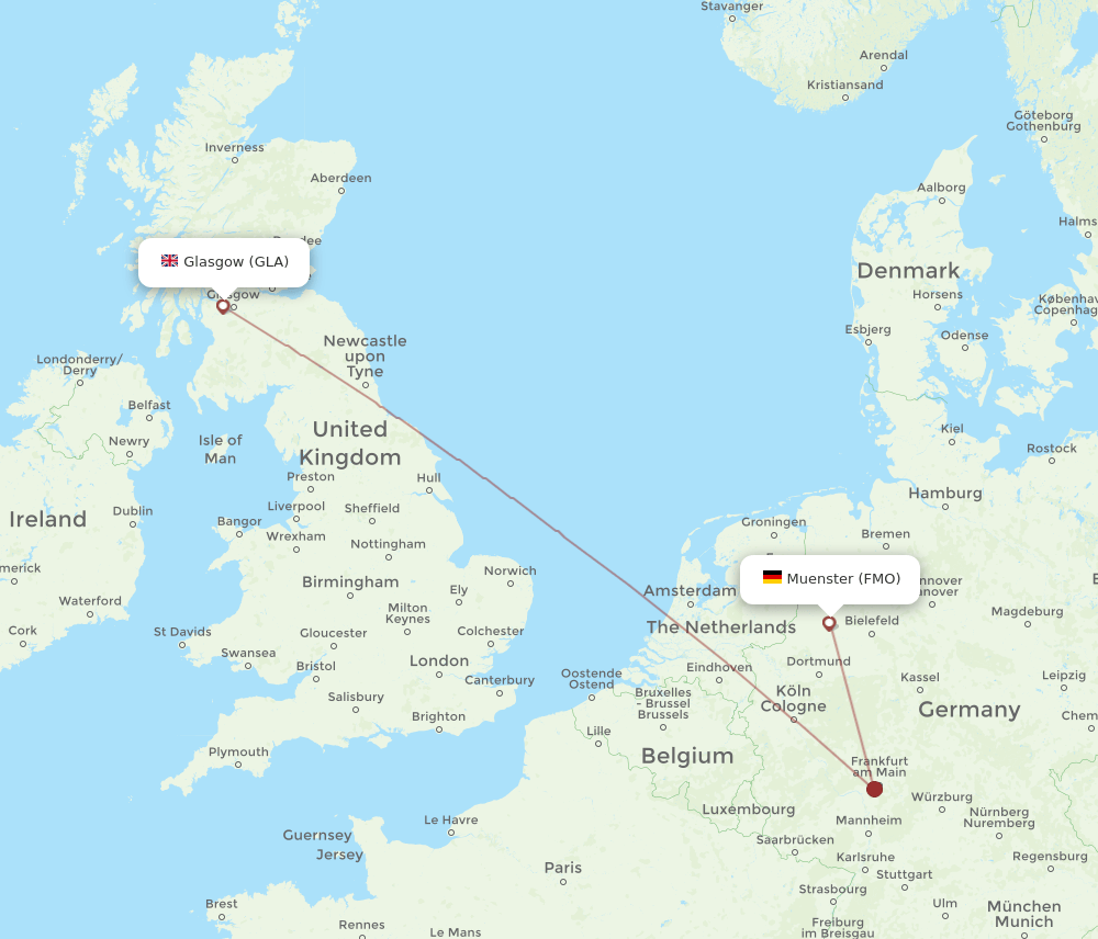 Muenster - Glasgow route map and flight paths
