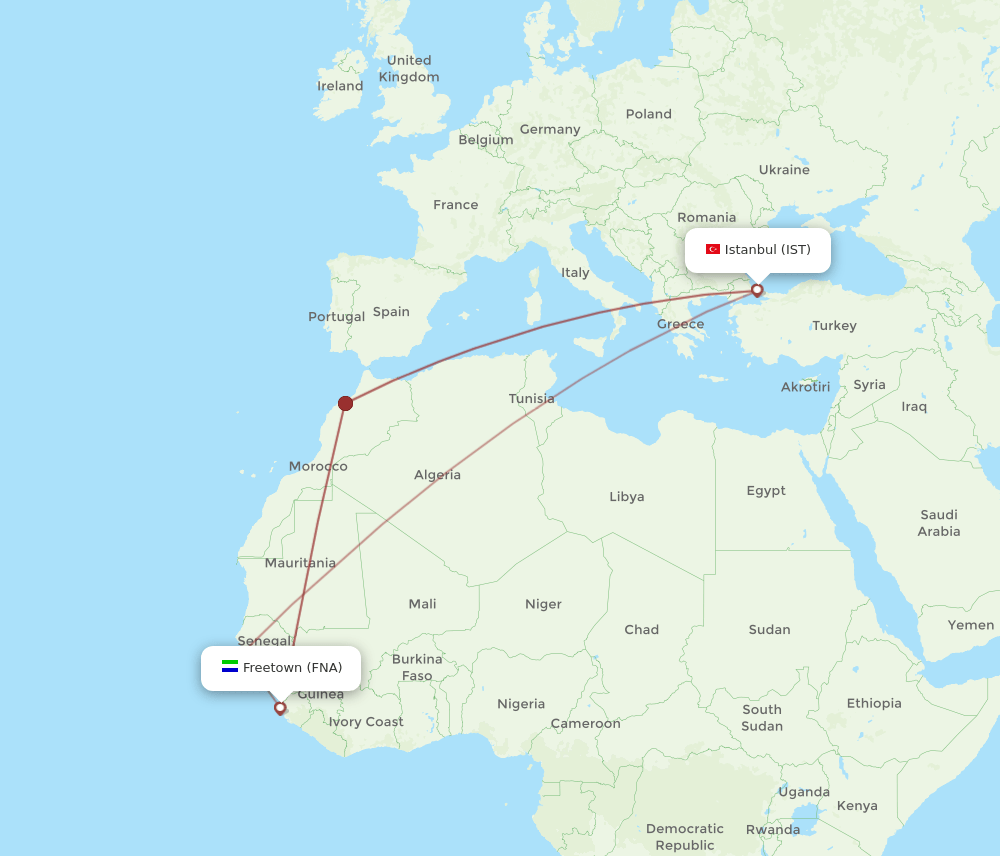 FNA to IST flights and routes map