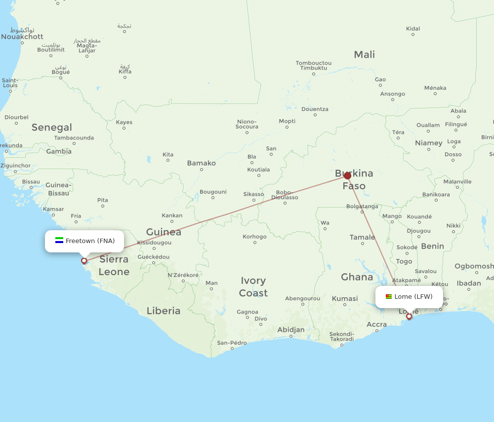 FNA to LFW flights and routes map