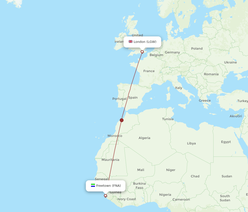 FNA to LGW flights and routes map