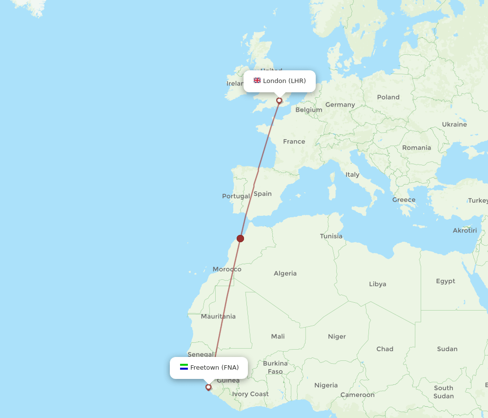 FNA to LHR flights and routes map