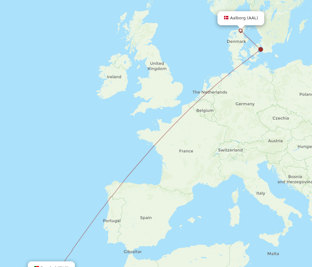 Aalborg - Funchal route map and flight paths