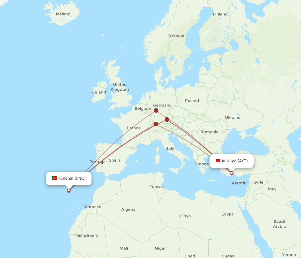 FNC to AYT flights and routes map