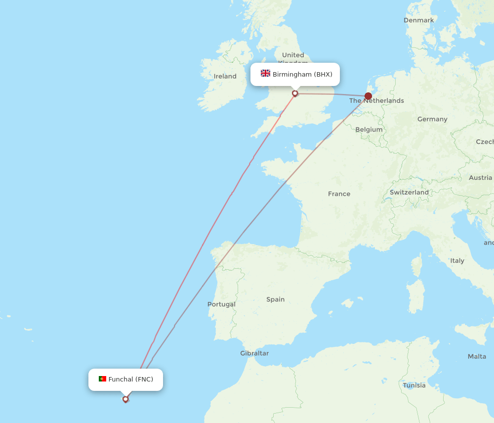 FNC to BHX flights and routes map