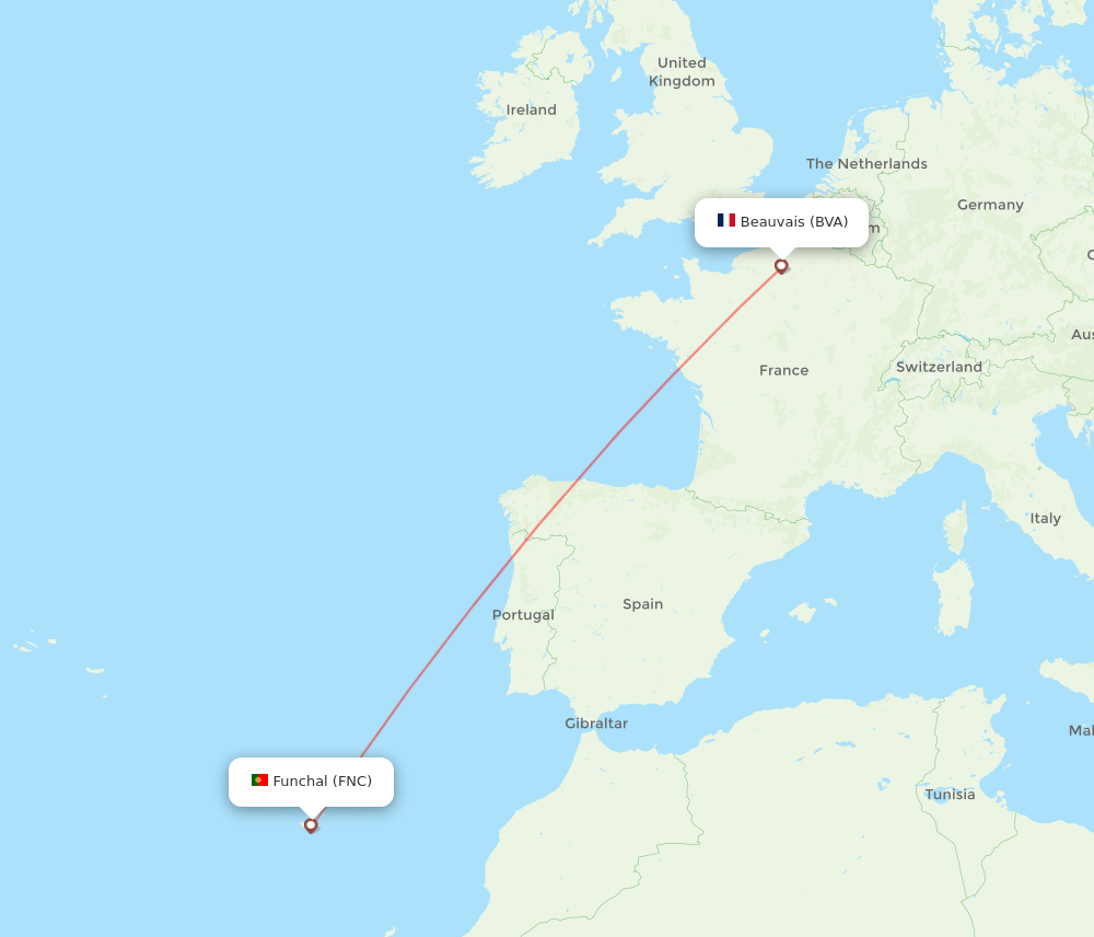 Funchal - Paris route map and flight paths