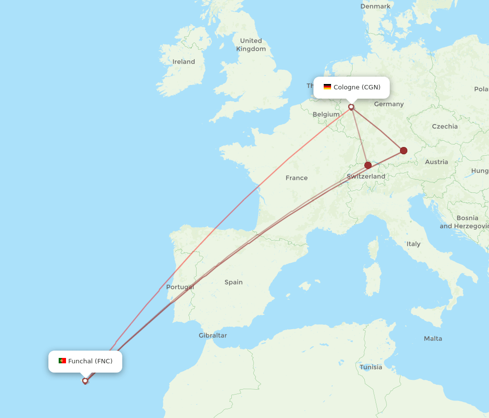 FNC to CGN flights and routes map