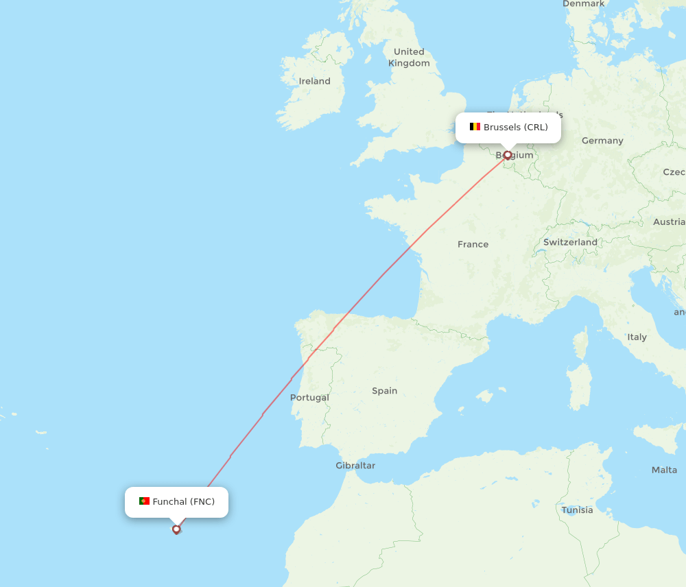 Funchal - Brussels route map and flight paths
