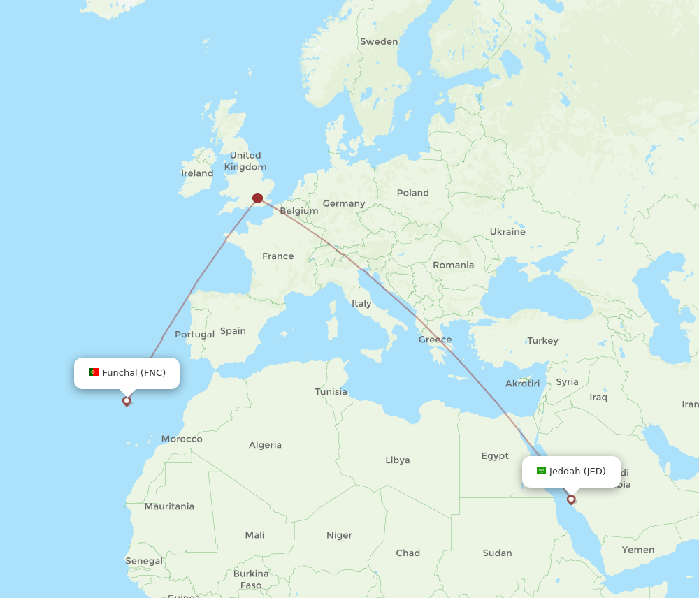 FNC to JED flights and routes map