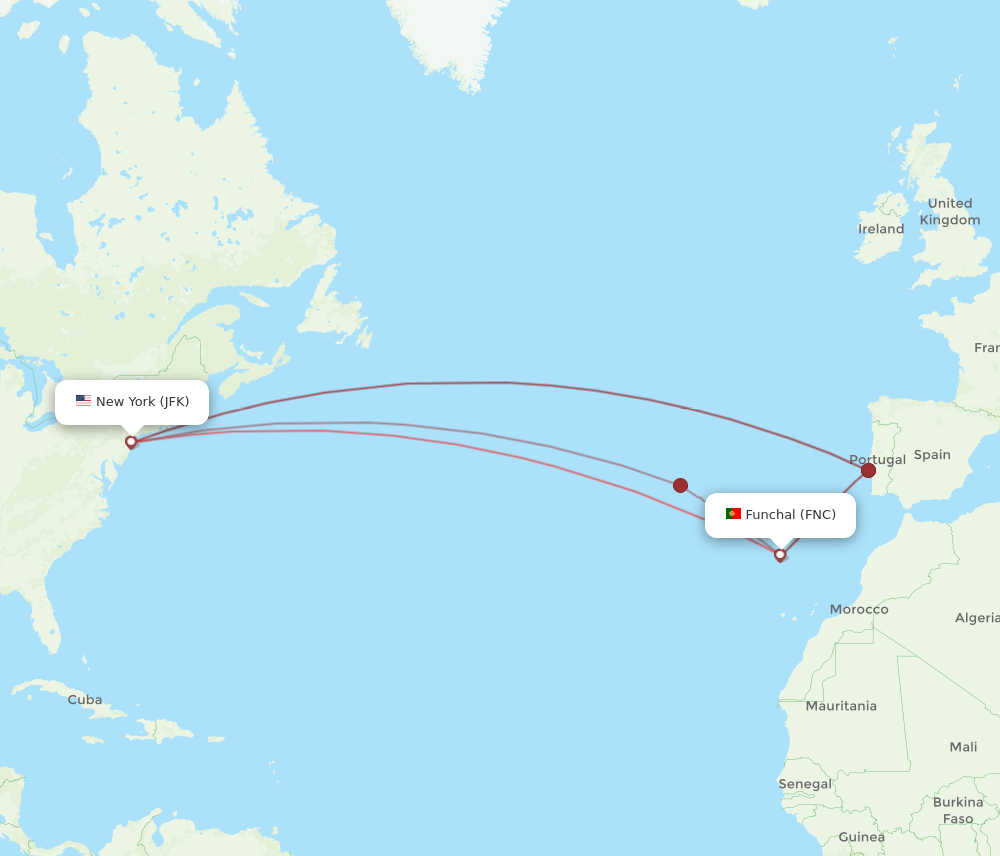 FNC to JFK flights and routes map