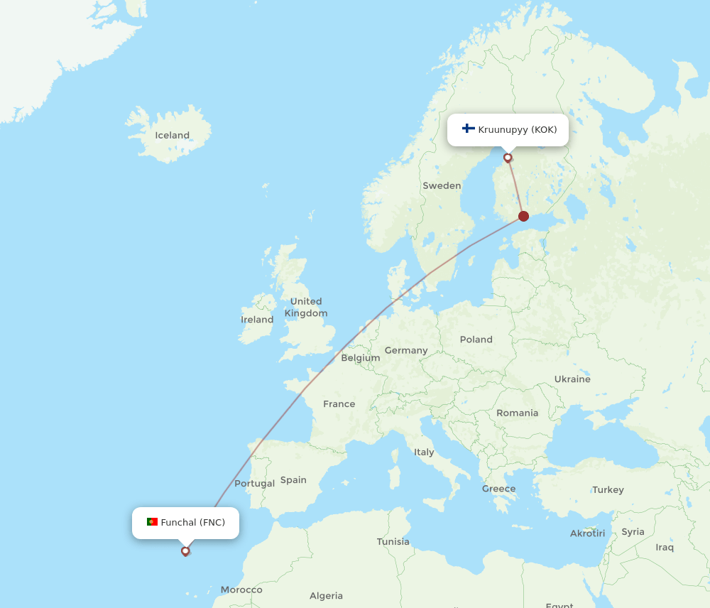 Funchal - Kokkola/Pietarsaari route map and flight paths