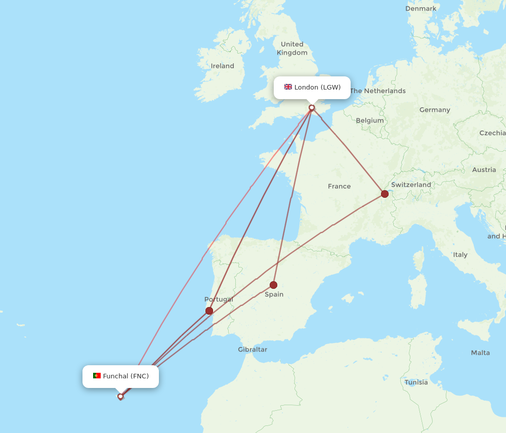 FNC to LGW flights and routes map
