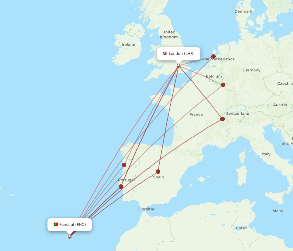 FNC to LHR flights and routes map