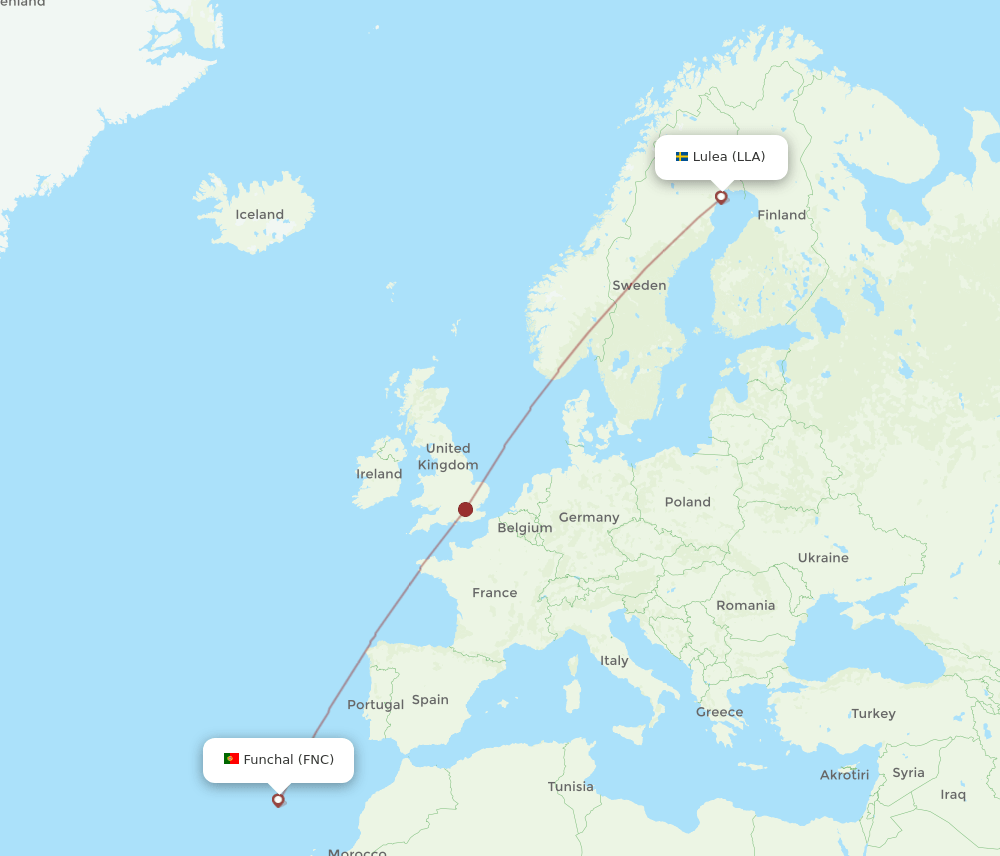 Funchal - Lulea route map and flight paths