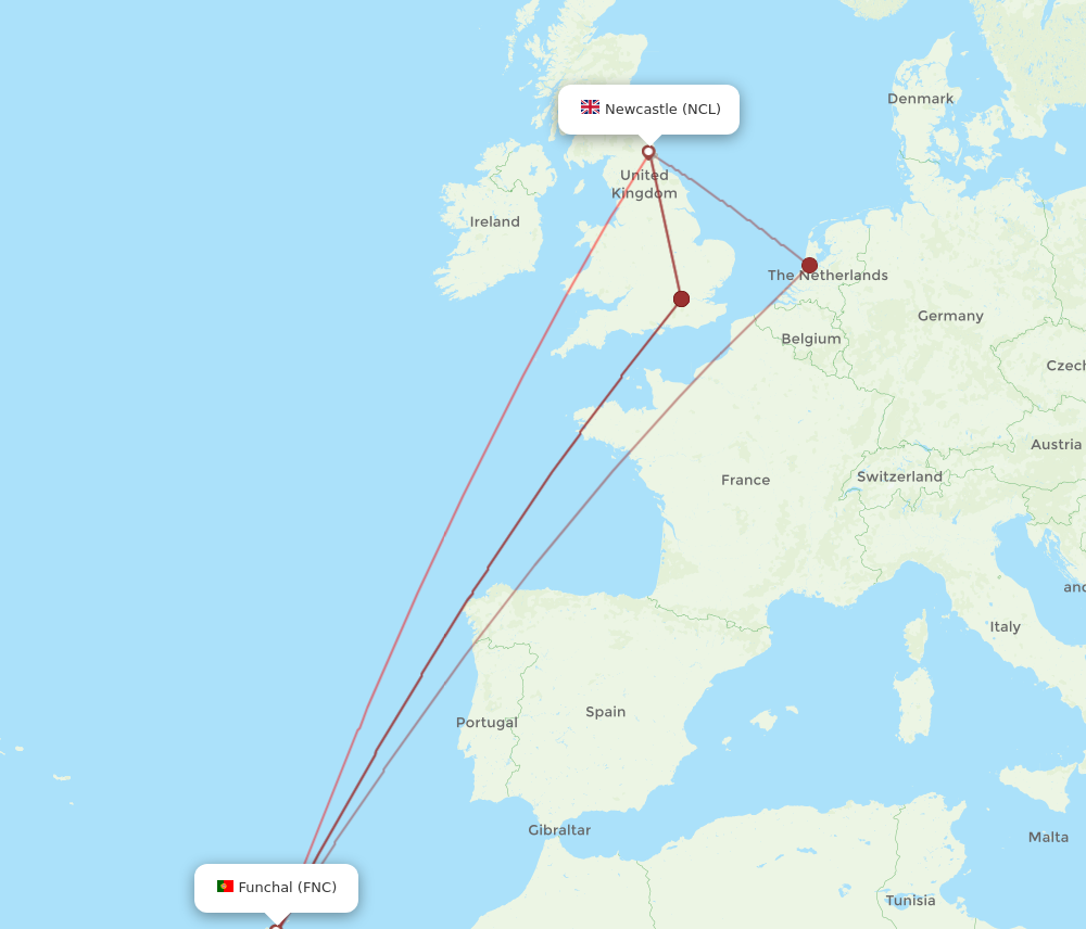 FNC to NCL flights and routes map