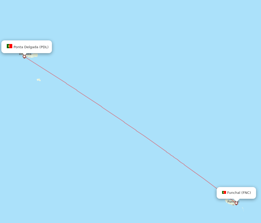 Funchal - Ponta Delgada (Azores) route map and flight paths