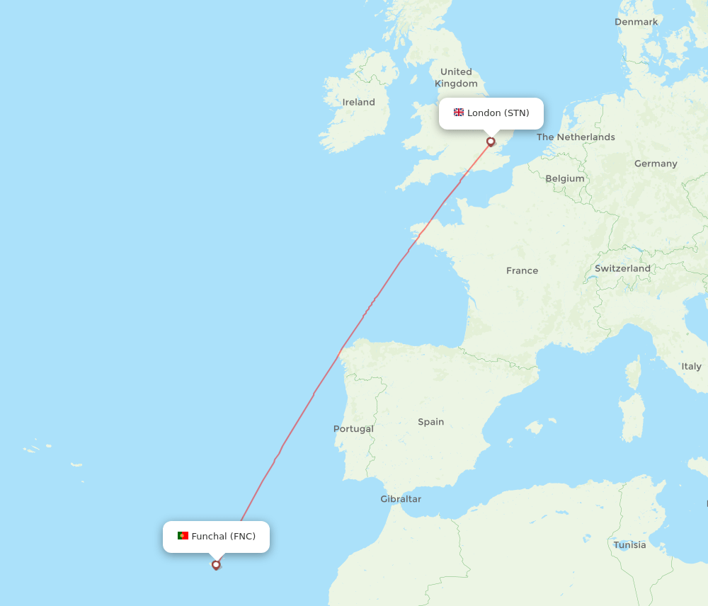 Funchal - London route map and flight paths