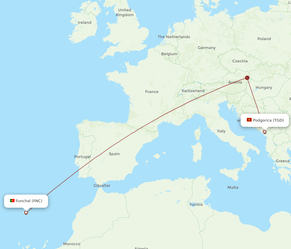 Podgorica - Funchal route map and flight paths