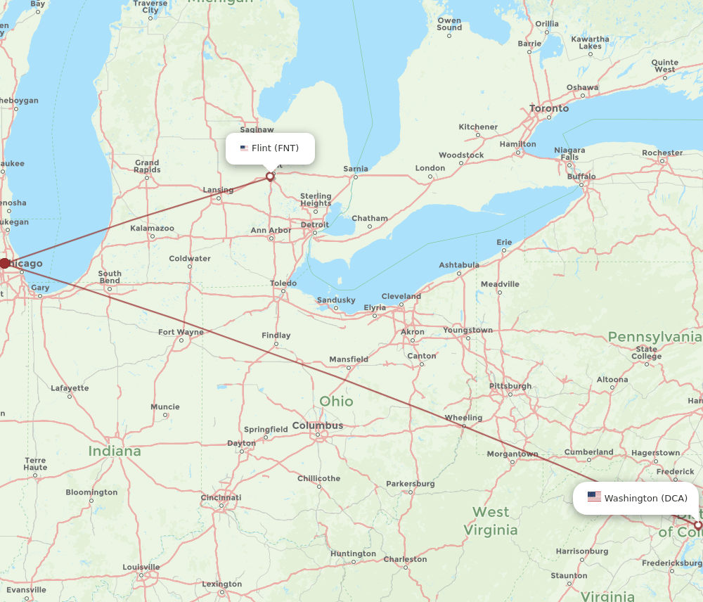 FNT to DCA flights and routes map