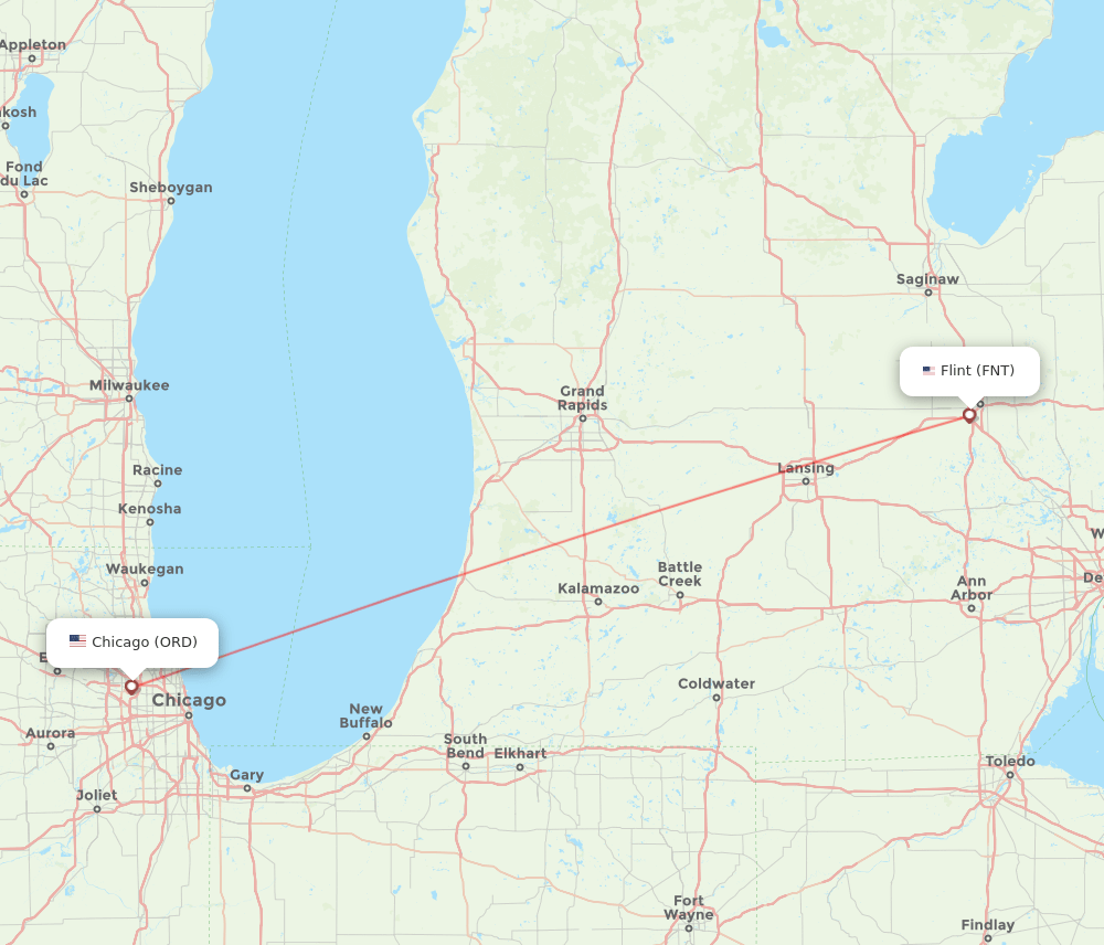 Flint - Chicago route map and flight paths