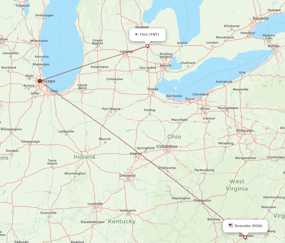 FNT to ROA flights and routes map