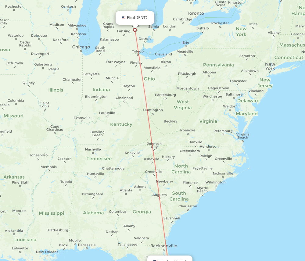 Flint - Orlando route map and flight paths