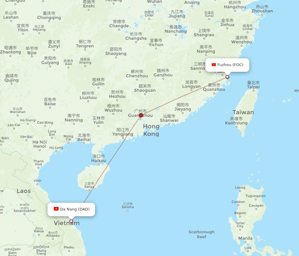 Da Nang - Fuzhou route map and flight paths