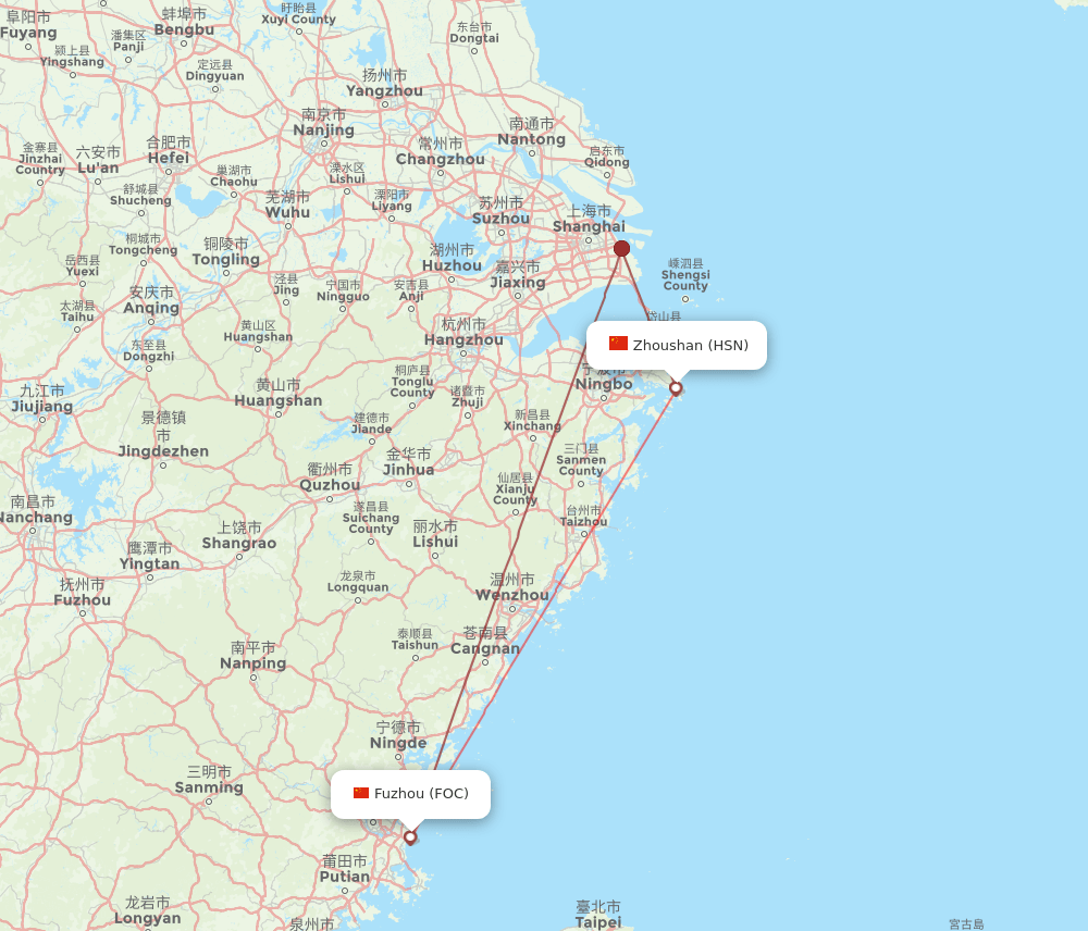 Fuzhou - Zhoushan route map and flight paths