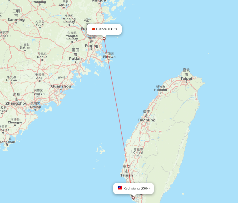 Fuzhou - Kaohsiung route map and flight paths