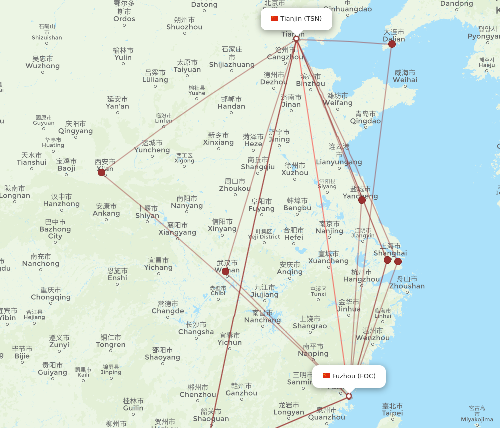 FOC to TSN flights and routes map