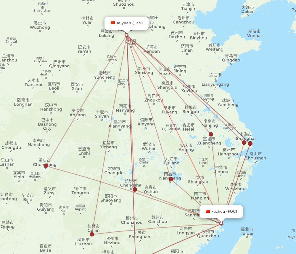 FOC to TYN flights and routes map