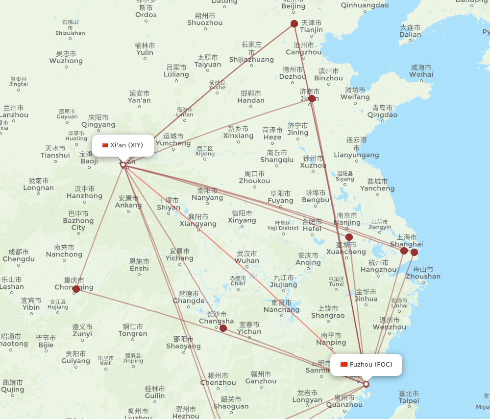 FOC to XIY flights and routes map