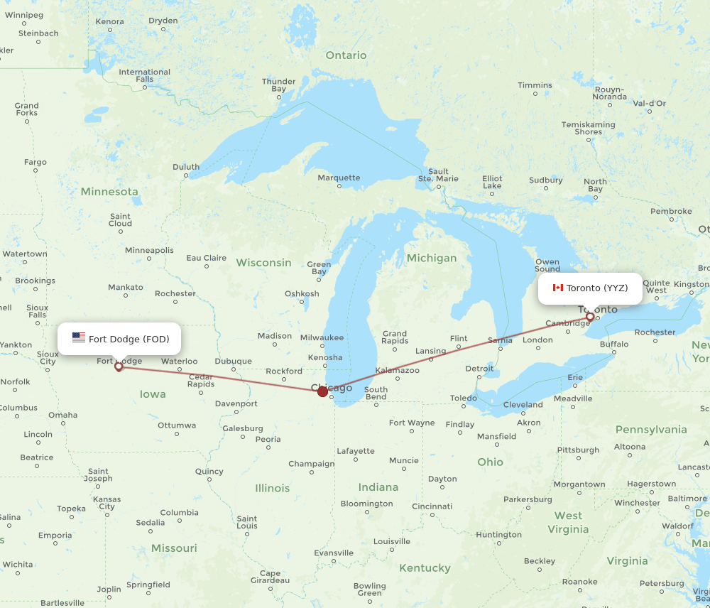 Toronto - Fort Dodge route map and flight paths