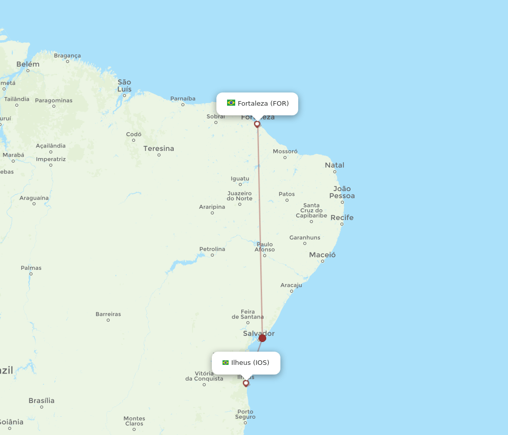 Fortaleza - Ilheus route map and flight paths