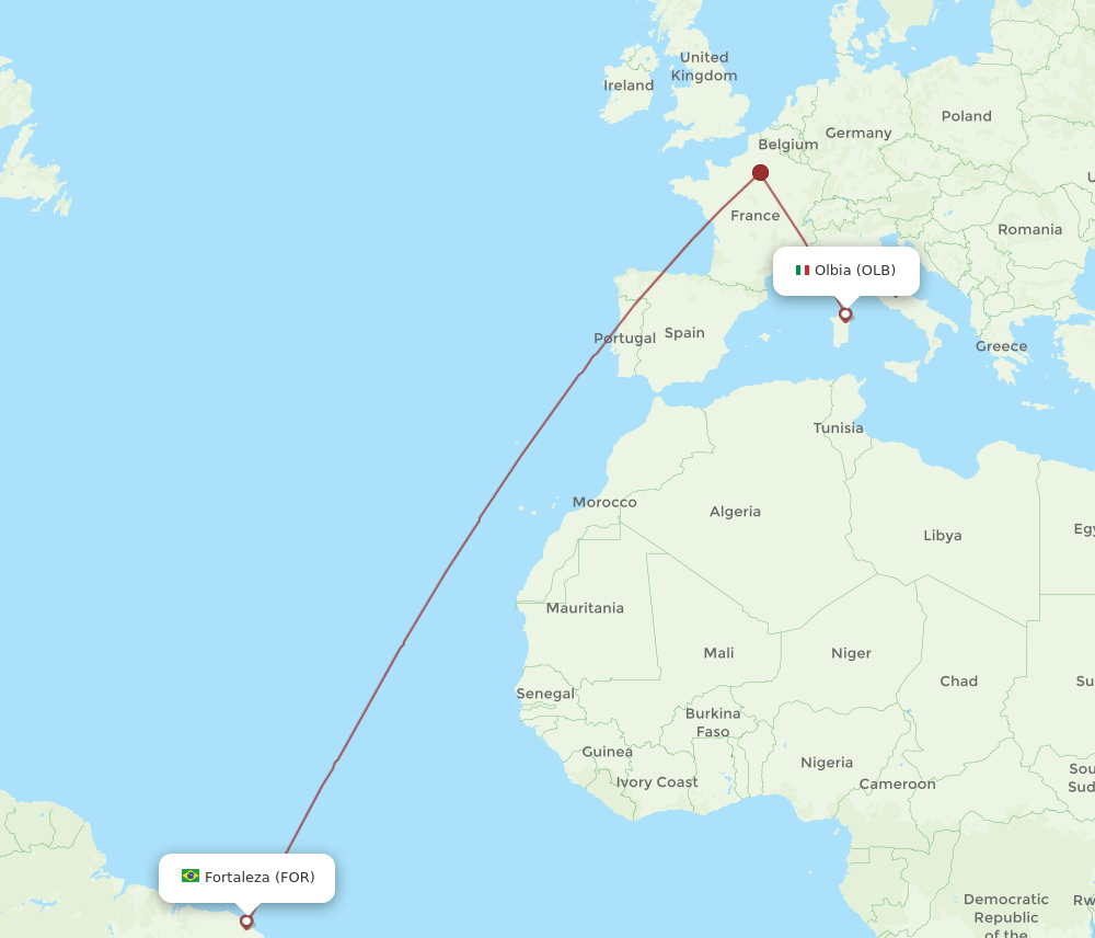 Fortaleza - Olbia route map and flight paths