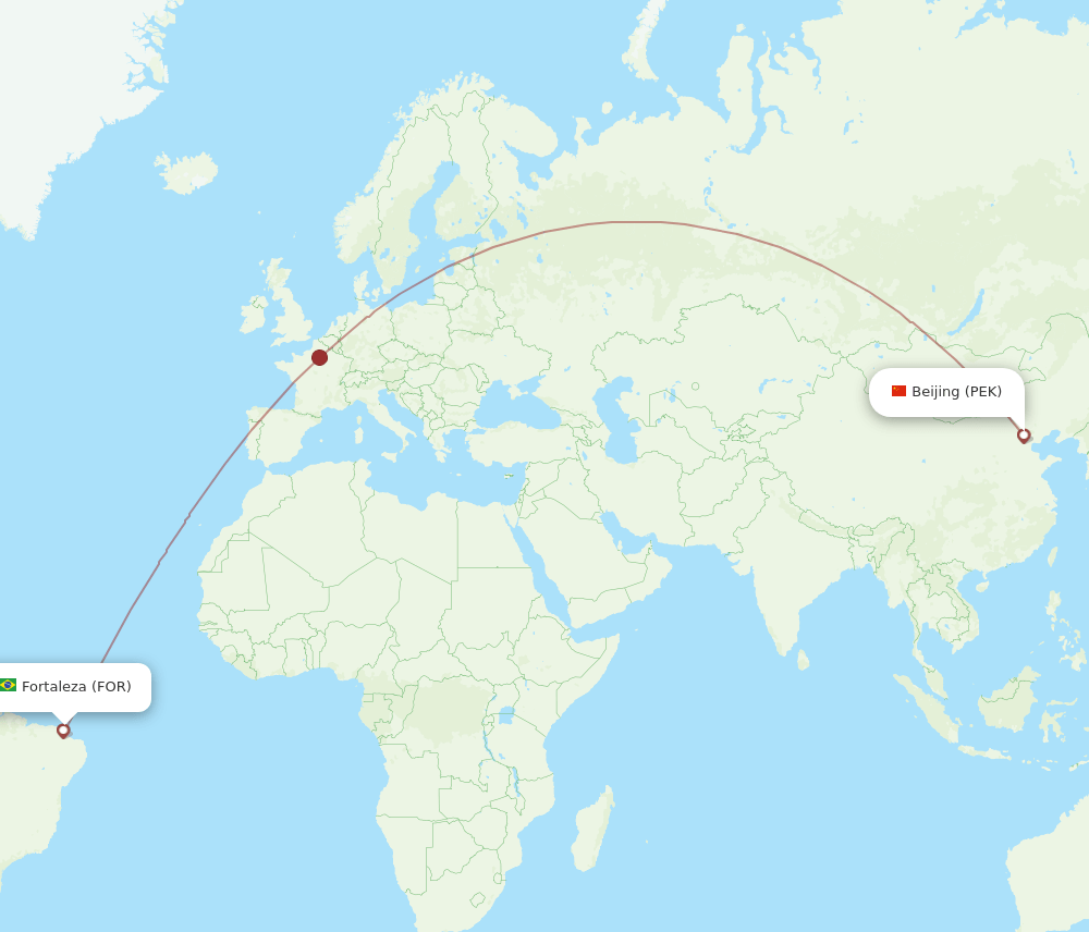 Beijing - Fortaleza route map and flight paths