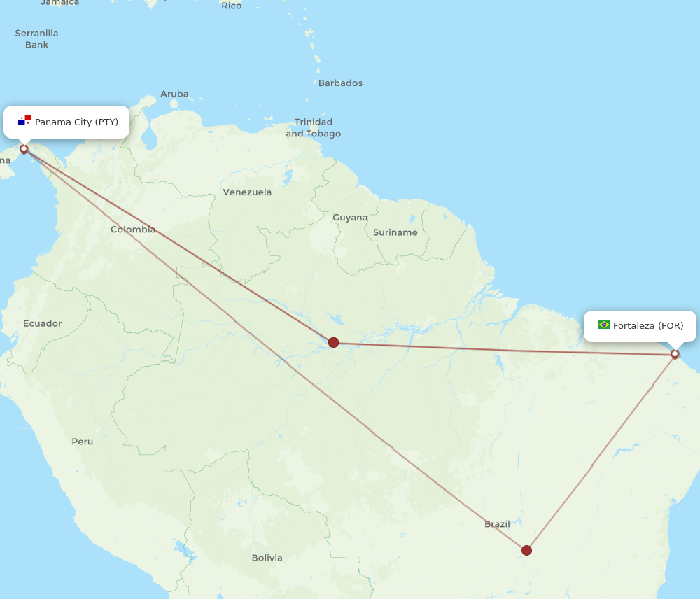 Panama City - Fortaleza route map and flight paths