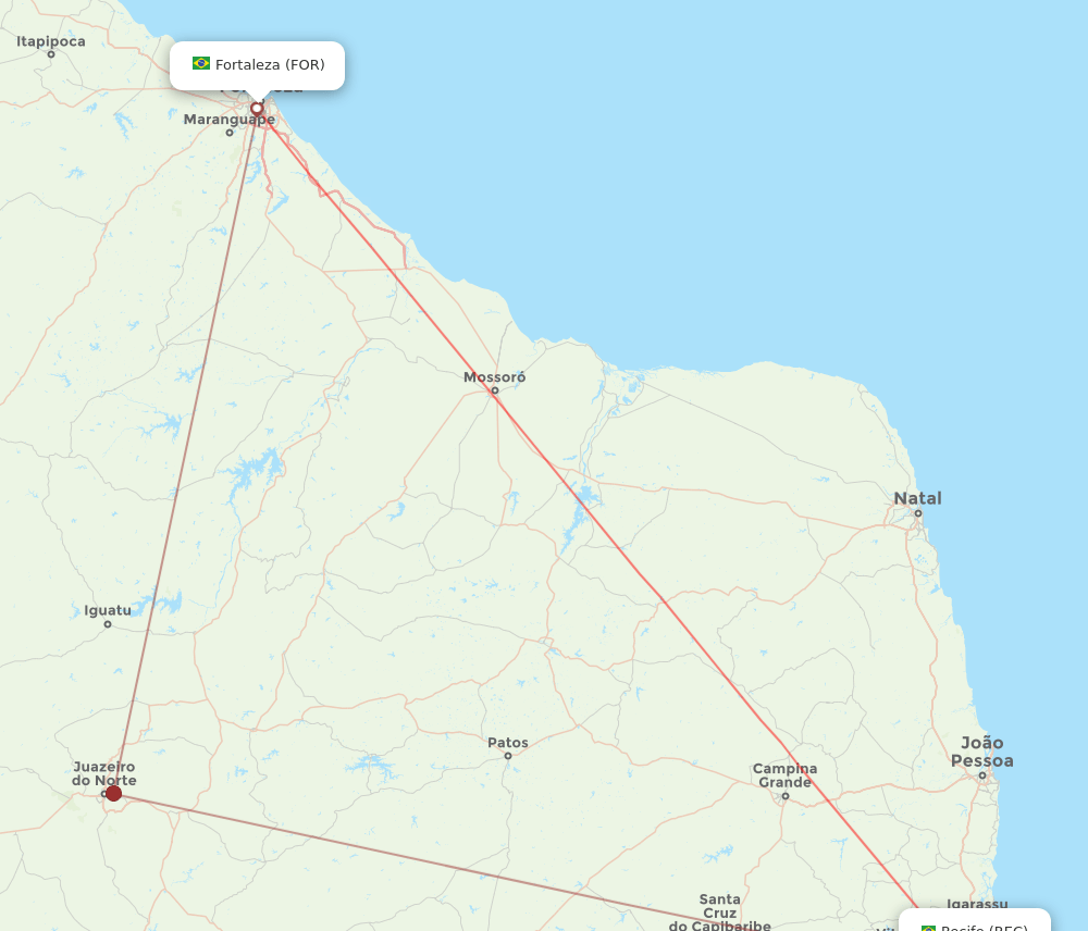 Fortaleza - Recife route map and flight paths