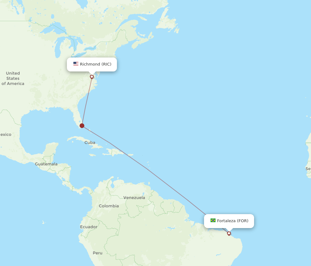 Richmond - Fortaleza route map and flight paths