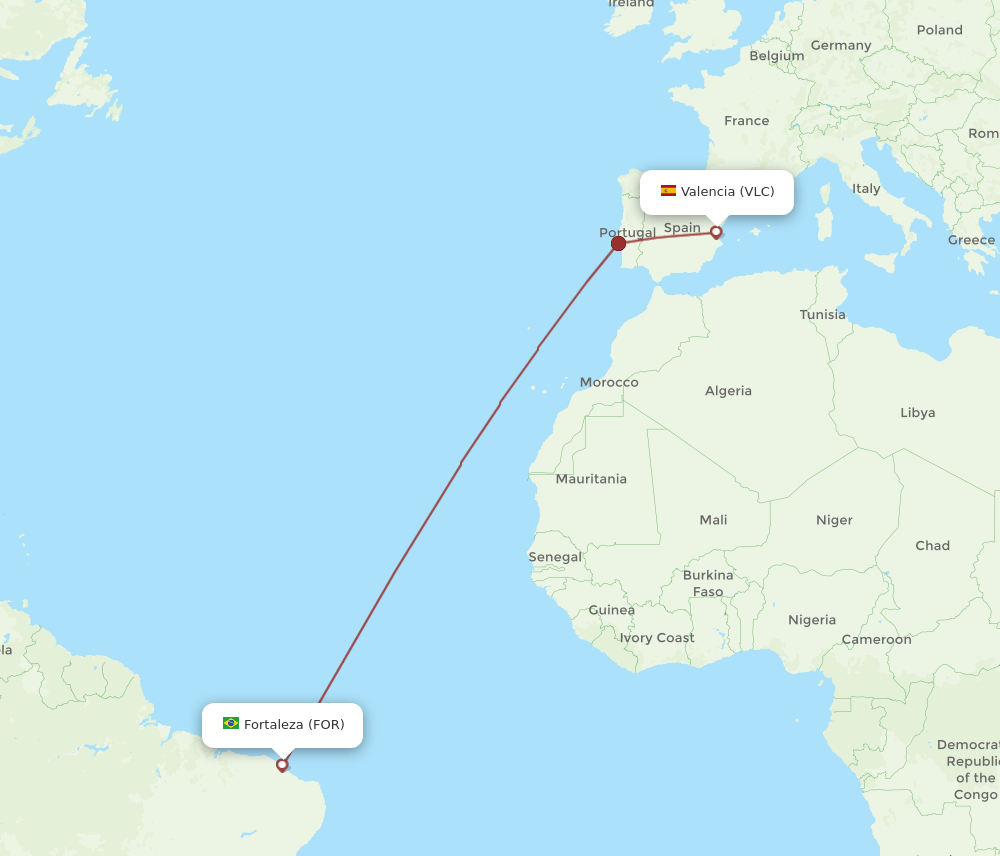 Fortaleza - Valencia route map and flight paths