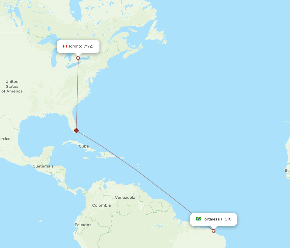 Toronto - Fortaleza route map and flight paths
