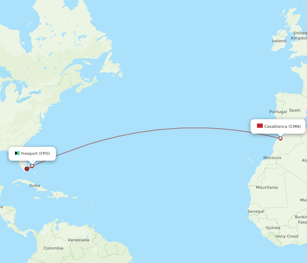Freeport - Casablanca route map and flight paths