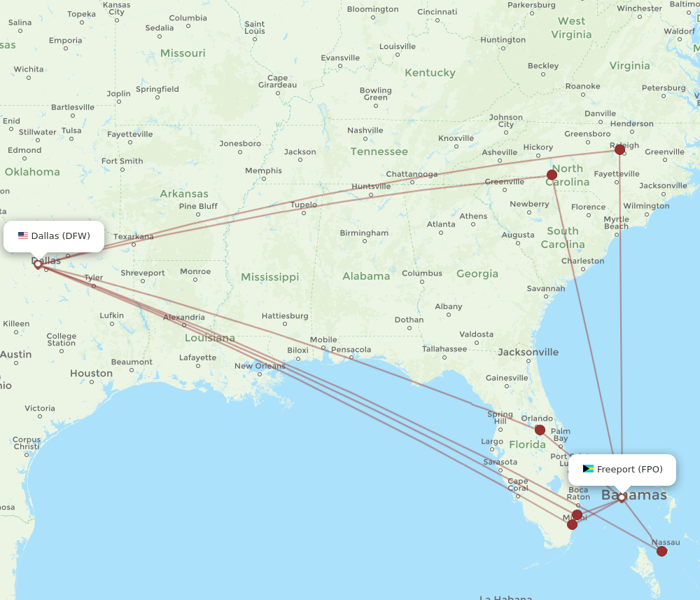 FPO to DFW flights and routes map