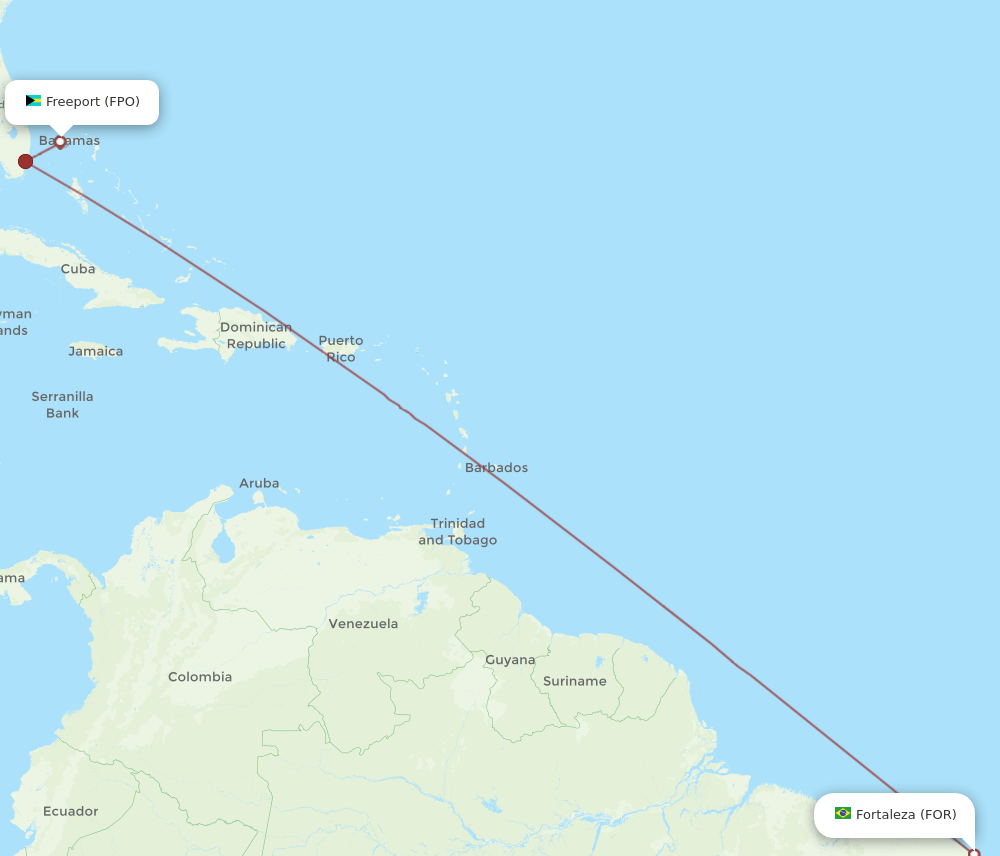 Fortaleza - Freeport route map and flight paths