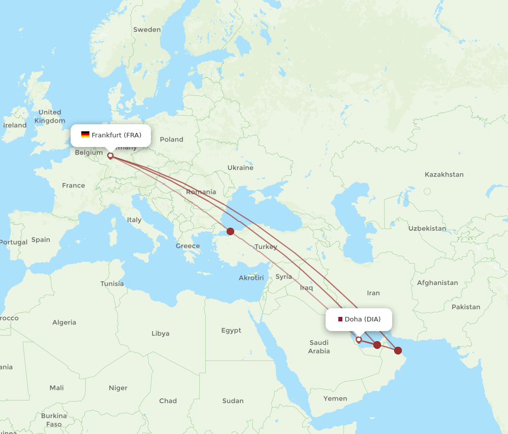 Frankfurt - Doha route map and flight paths