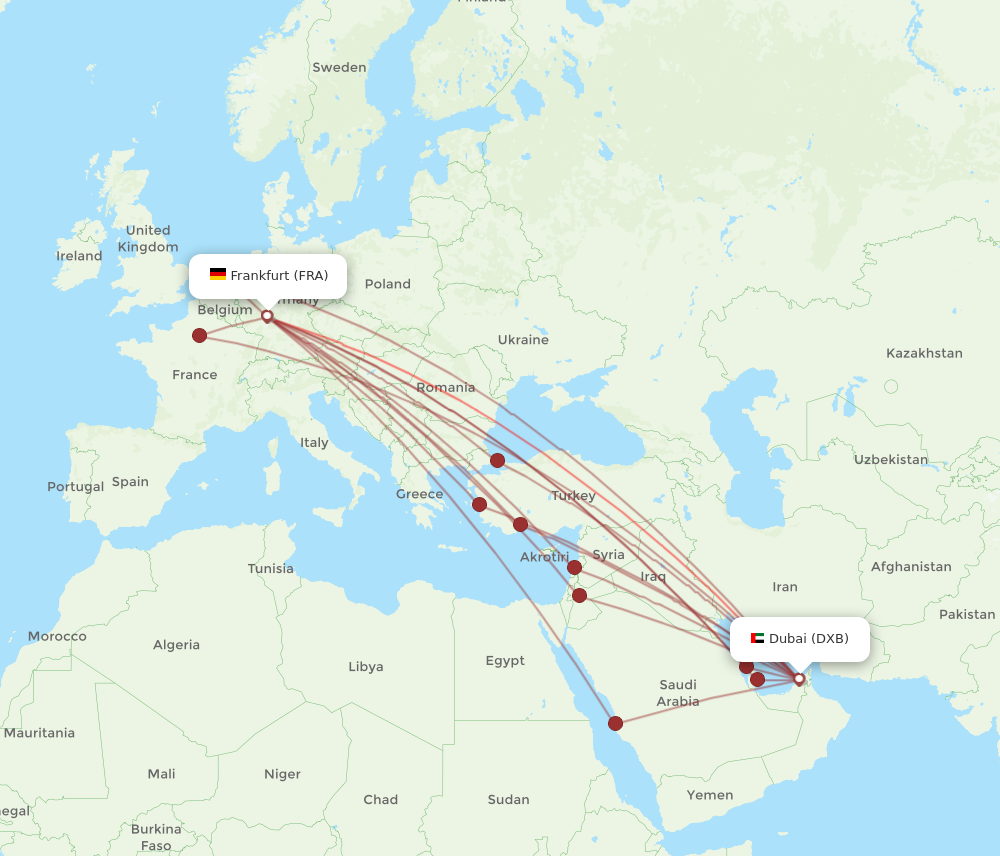 FRA to DXB flights and routes map