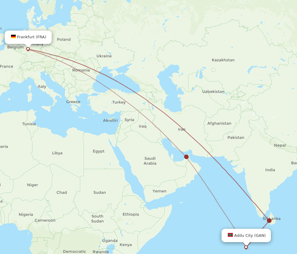 Frankfurt - Gan Island route map and flight paths