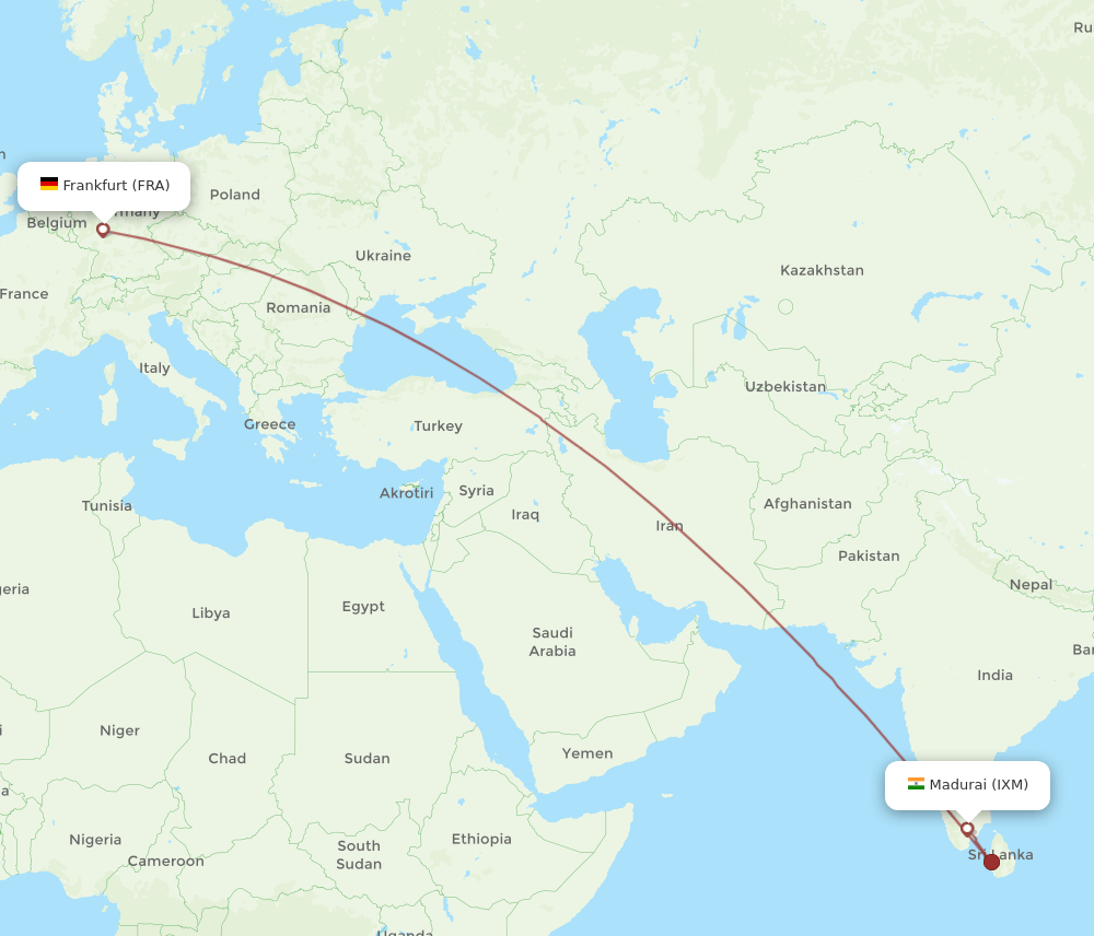 Frankfurt - Madurai route map and flight paths