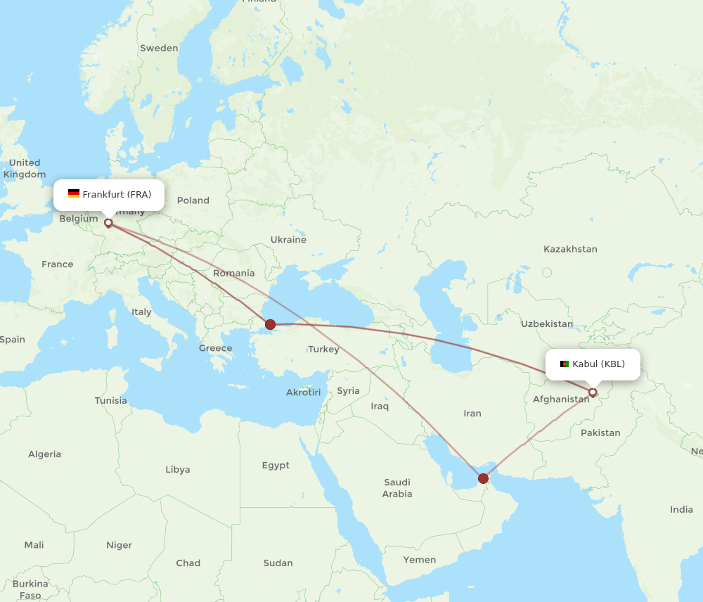 FRA to KBL flights and routes map